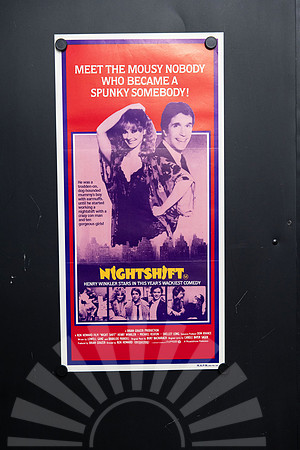 Original 1982 Australian Daybill for Night Shift starring Henry Winkler, Michael Keaton and Shelley Long, with red and purple photographic artwork.