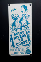 Original 1955 Australian Daybill for Many Rivers to Cross starring Robert Taylor and Eleanor Parker, featuring minimalist turquoise blue illustrated artwork.