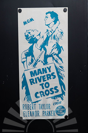 Original 1955 Australian Daybill for Many Rivers to Cross starring Robert Taylor and Eleanor Parker, featuring minimalist turquoise blue illustrated artwork.