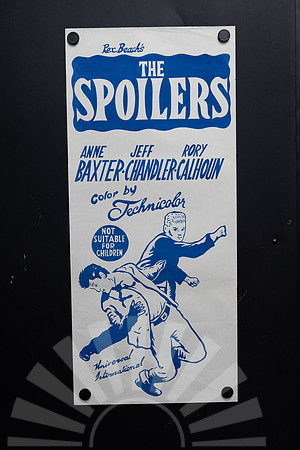 Original 1955 Australian Daybill for The Spoilers starring Anne Baxter, Jeff Chandler and Rory Calhoun, featuring turquoise blue Western fight artwork.