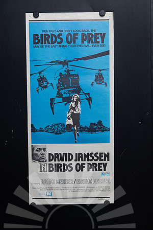 Original 1973 Australian Daybill for Birds of Prey starring David Janssen, featuring turquoise and black helicopter chase artwork.