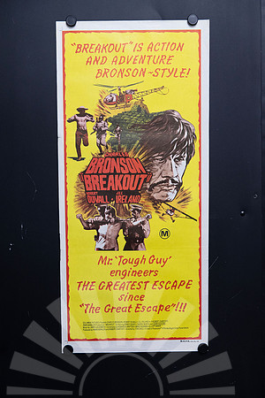 Original 1975 Australian Daybill for Breakout starring Charles Bronson, featuring bright yellow and red helicopter escape action artwork.