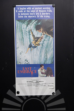 Original 1979 Australian Daybill for Last Embrace starring Roy Scheider, featuring dramatic illustrated Niagara Falls thriller artwork.