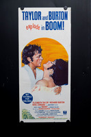 Original 1968 Australian Daybill for Boom! starring Elizabeth Taylor and Richard Burton, featuring colourful illustrated romantic artwork.