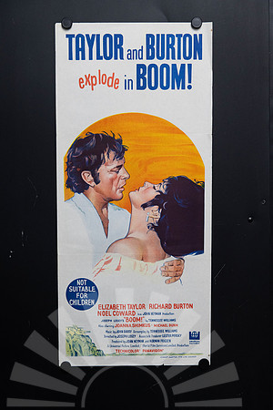 Original 1968 Australian Daybill for Boom! starring Elizabeth Taylor and Richard Burton, featuring colourful illustrated romantic artwork.