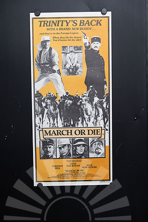 Original 1977 Australian Daybill for March or Die starring Gene Hackman and Terence Hill, featuring orange Foreign Legion desert artwork and Trinity's Back headline.