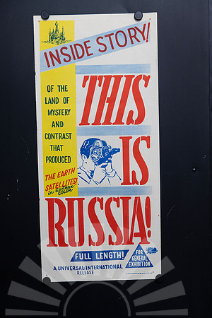 Original 1958 Australian Daybill for This Is Russia!, a Cold War documentary, featuring bold red typography and Sputnik-era Soviet imagery.