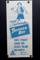 Original 1953 Australian Daybill for Thunder Bay starring James Stewart, Joanne Dru, Gilbert Roland and Dan Duryea with minimalist turquoise artwork.