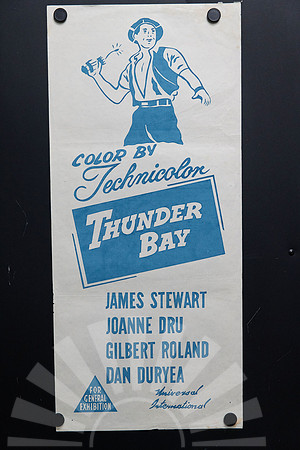 Original 1953 Australian Daybill for Thunder Bay starring James Stewart, Joanne Dru, Gilbert Roland and Dan Duryea with minimalist turquoise artwork.