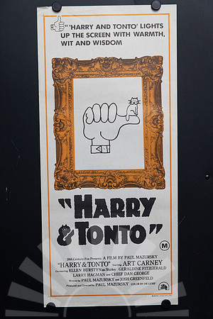 Original 1974 Australian Daybill for Harry & Tonto starring Art Carney, featuring orange picture-frame artwork and Tonto the cat.