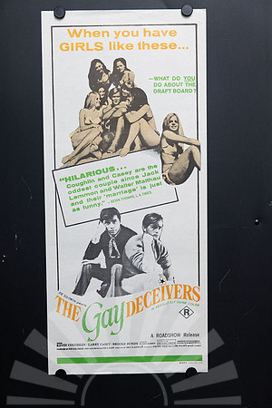 Original 1969 Australian Daybill for The Gay Deceivers featuring orange, green and black photographic artwork and Vietnam draft advertising.