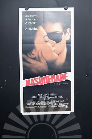 Original 1988 Australian Daybill for Masquerade starring Rob Lowe, Meg Tilly and Kim Cattrall, featuring romantic thriller photographic artwork.