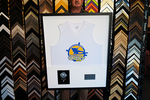 Australian Supraboats National Championship shirt, first-place award and plaque custom framed as sporting memorabilia in Port Macquarie.