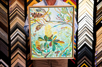 Original Australian native botanical painting by Nina Wilding featuring banksia flowers and foliage, custom framed in a slim natural timber canvas float frame in Port Macquarie.