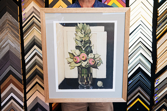 Botanical still life artwork custom framed with a neutral mat and light natural timber frame by Sunset Framing & Gallery in Port Macquarie.