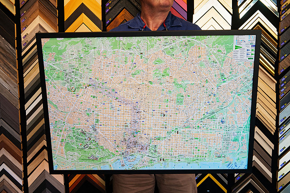 Large city map custom framed in a slim black picture frame by Sunset Framing & Gallery in Port Macquarie.
