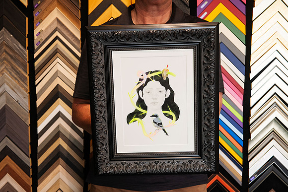 Original artwork by Heidi Lustig custom framed with a white mat and ornate black decorative frame at Sunset Framing & Gallery, Port Macquarie.
