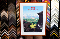 Two Paddocks Organic Wine vineyard art print custom framed with white mat and warm timber frame in Port Macquarie.