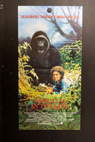 Gorillas in the Mist Australian Daybill showing an open-mouthed gorilla beside Sigourney Weaver among green foliage, with misty trees behind and a red title below.