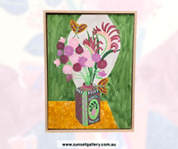 Fiona Solley artwork of pink paper daisies in a Superior Olive Oil tin with butterflies.