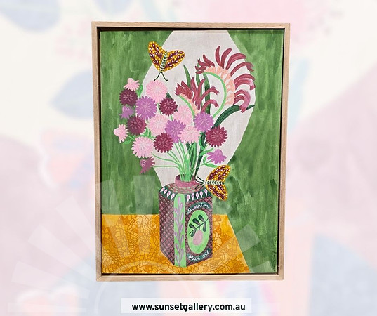 Fiona Solley artwork of pink paper daisies in a Superior Olive Oil tin with butterflies.