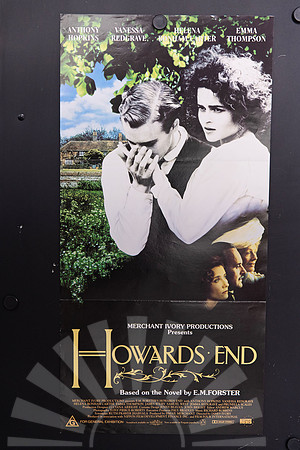 Howards End Australian Daybill combining a black-and-white couple in period dress, a colour country house and garden, smaller cast portraits and an ornate gold title.