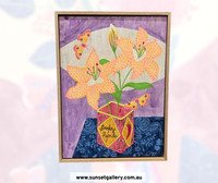 Fiona Solley artwork of spotted yellow lilies in a Smokey Paprika tin with butterflies.
