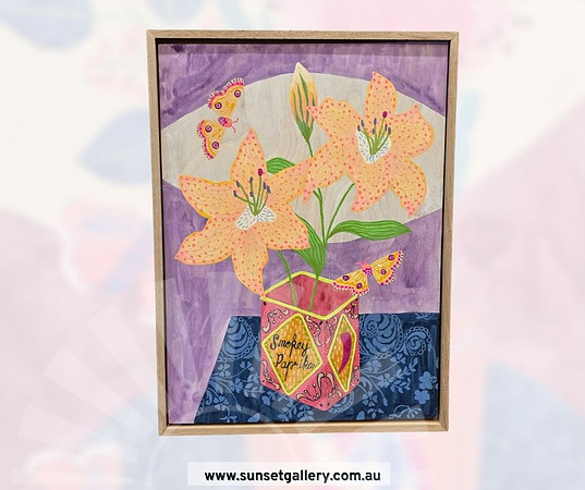 Fiona Solley artwork of spotted yellow lilies in a Smokey Paprika tin with butterflies.