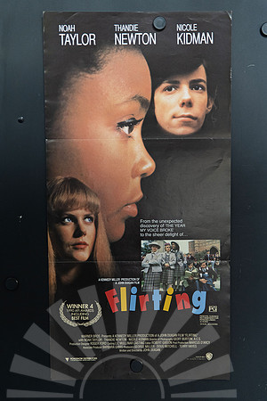 Flirting Australian Daybill featuring portraits of Thandiwe Newton, Noah Taylor and Nicole Kidman on black, with school students, a multicoloured title and an awards laurel.