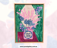 Fiona Solley artwork of pink wattle in a Delicious Cacao tin against a green background.