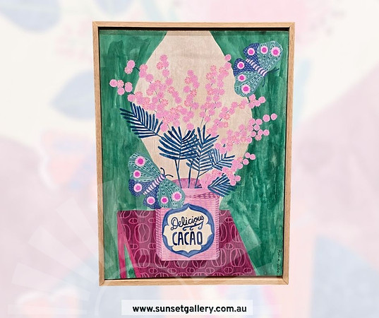 Fiona Solley artwork of pink wattle in a Delicious Cacao tin against a green background.