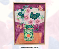 Fiona Solley artwork of pink nasturtiums in a Tinned Peaches tin with butterflies.