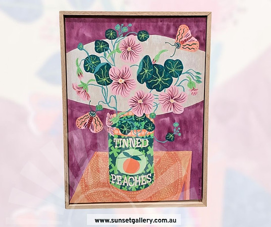 Fiona Solley artwork of pink nasturtiums in a Tinned Peaches tin with butterflies.
