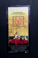 Dead Poets Society Australian Daybill with a red title on a golden background above students in red jumpers carrying a smiling Robin Williams.