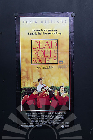 Dead Poets Society Australian Daybill with a red title on a golden background above students in red jumpers carrying a smiling Robin Williams.