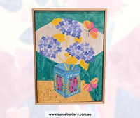 Fiona Solley artwork of blue hydrangeas in a sardine tin with colourful butterflies.