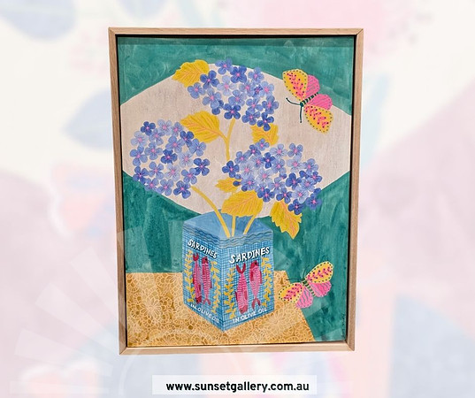 Fiona Solley artwork of blue hydrangeas in a sardine tin with colourful butterflies.