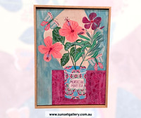 Fiona Solley artwork of pink hibiscus in a Moroccan Mint Tea tin with a butterfly.