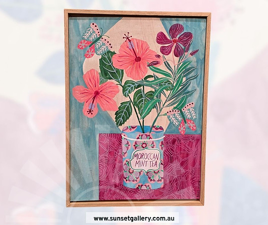 Fiona Solley artwork of pink hibiscus in a Moroccan Mint Tea tin with a butterfly.