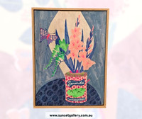Fiona Solley artwork of pink gladiolus in a Señorita Tomatillos tin with a butterfly.