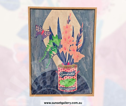 Fiona Solley artwork of pink gladiolus in a Señorita Tomatillos tin with a butterfly.