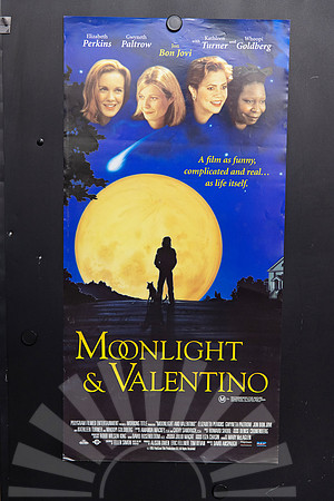 Moonlight & Valentino Australian Daybill with four female cast portraits above a blue night sky, a giant yellow moon, and silhouettes of a person and dog.