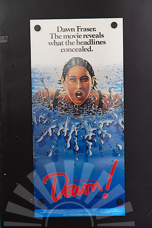 Dawn! Australian Daybill showing an illustrated female swimmer emerging through splashing blue water, with black headline text above and a large red title below.