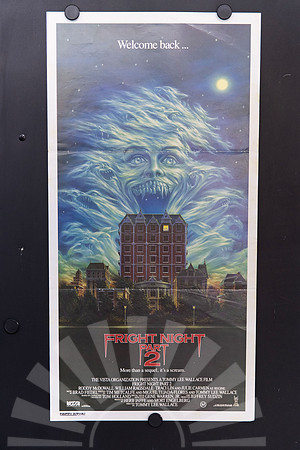 Fright Night Part 2 Australian Daybill showing a giant fanged face and snarling creatures in blue-green clouds above a gabled building beneath a full moon.
