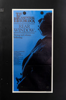 Rear Window Australian Daybill from The Essential Hitchcock series, with a large black profile of Alfred Hitchcock on blue and the tagline “Seeing isn’t always believing.”