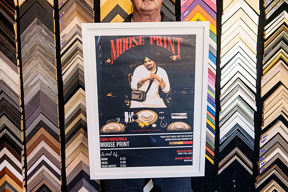 Moose Print graphic poster custom framed in a clean white frame.