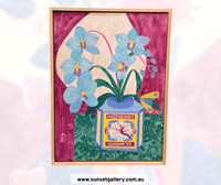 Fiona Solley artwork of blue orchids in an English Superior Tea tin with a butterfly.