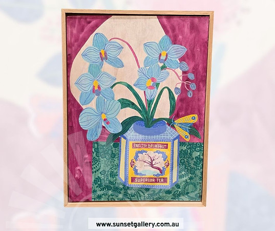 Fiona Solley artwork of blue orchids in an English Superior Tea tin with a butterfly.