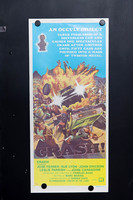 Crash! Australian Daybill depicting cars flying through an orange explosion, wrecked vehicles and fleeing people, with an occult idol against a bright blue background.