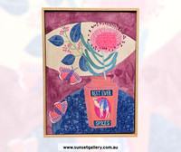 Fiona Solley artwork of a pink leucadendron in a Best Ever Spices tin with butterflies.
